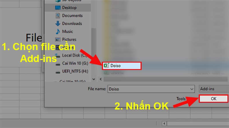 Đi đến file Add-ins bạn muốn thêm vào  Chọn file Add-ins đó  Nhấn OK